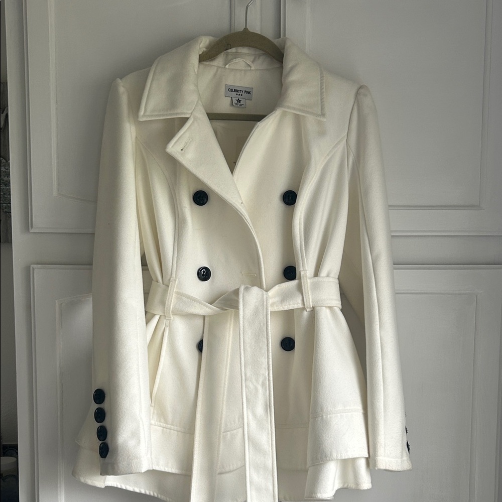 Celebrity Pink White Double-Breasted Pea Coat